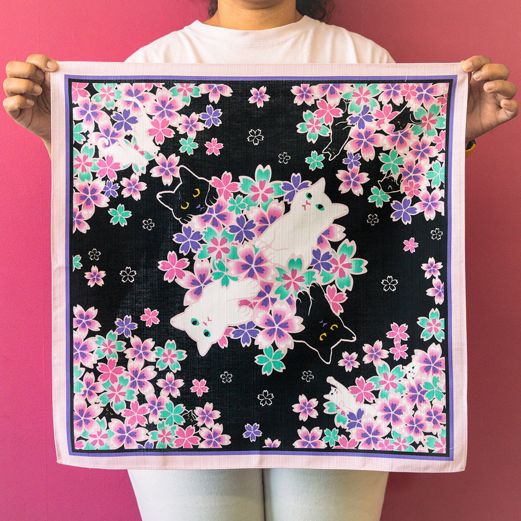 Furoshiki Nocturne de Chats (noir et rose, 50 cm)