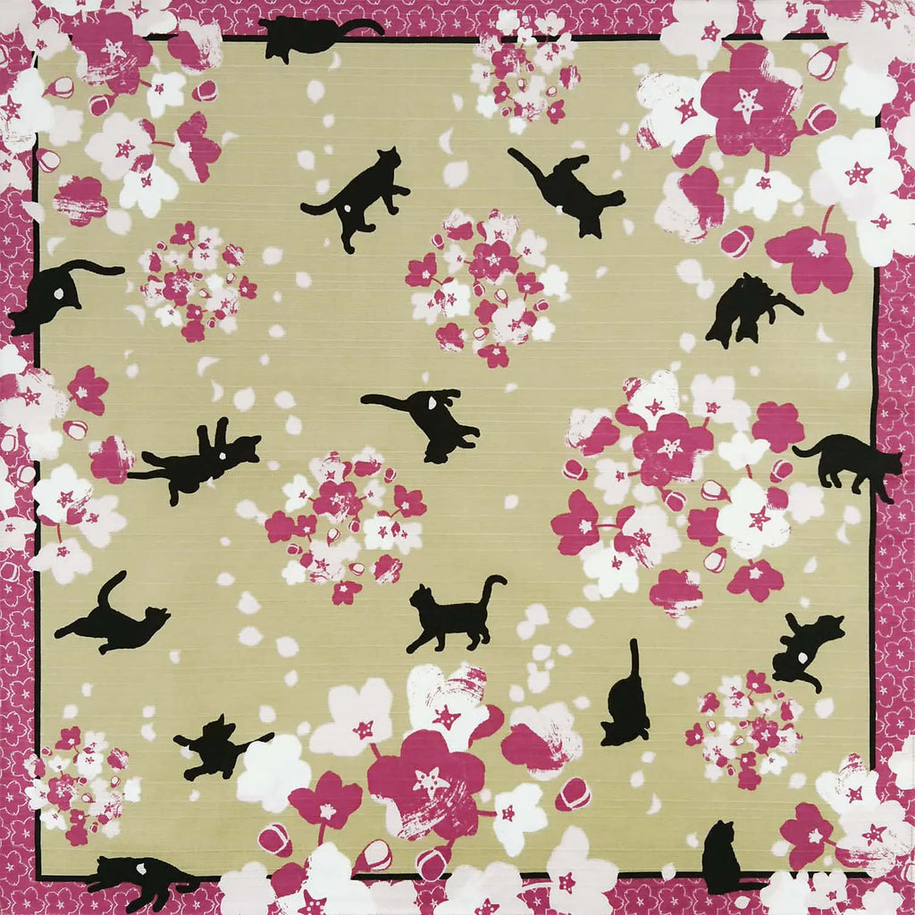 Patterned fabric with black cat silhouettes and pink flowers on a beige background