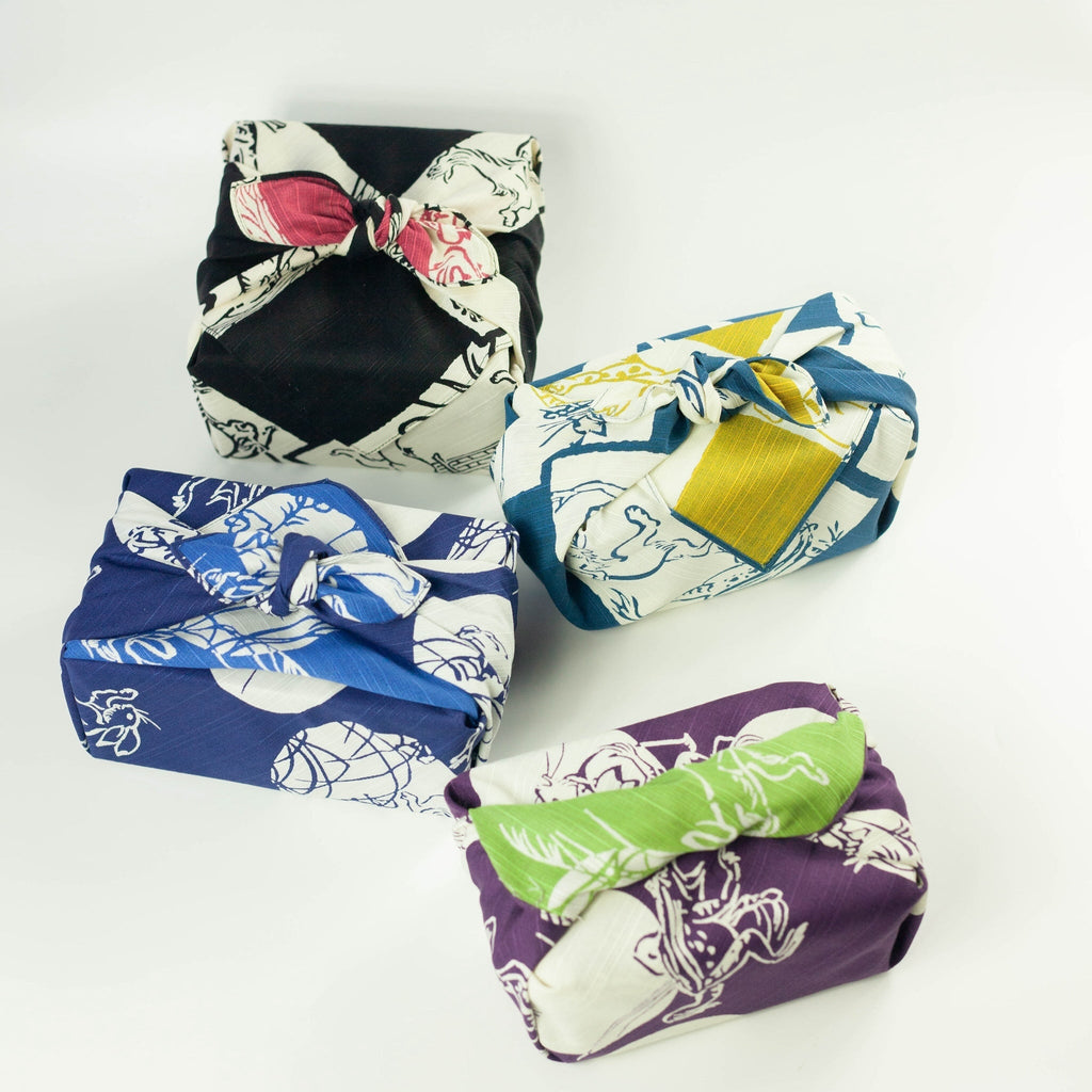 Furoshiki double-face Chôjûgiga (bleu et jaune, 50 cm)