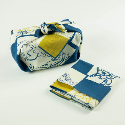 Furoshiki double-face Chôjûgiga (bleu et jaune, 50 cm)