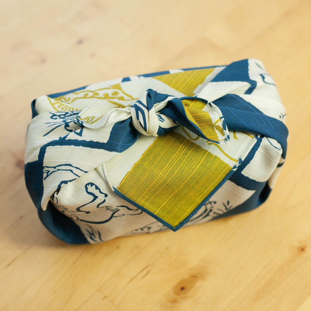 Furoshiki double-face Chôjûgiga (bleu et jaune, 50 cm)