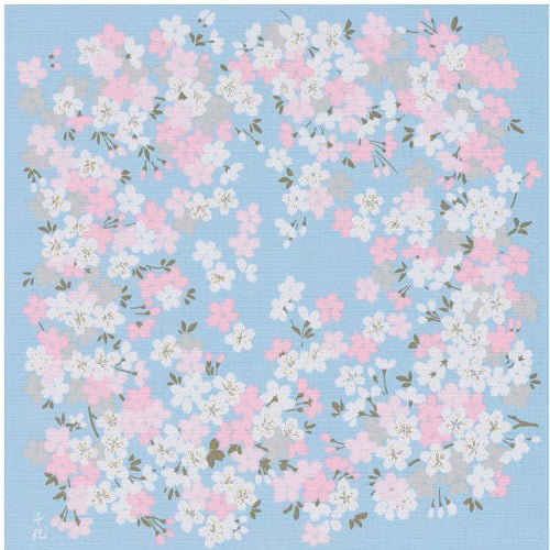 Floral pattern with pink, white, and gray flowers on a blue background
