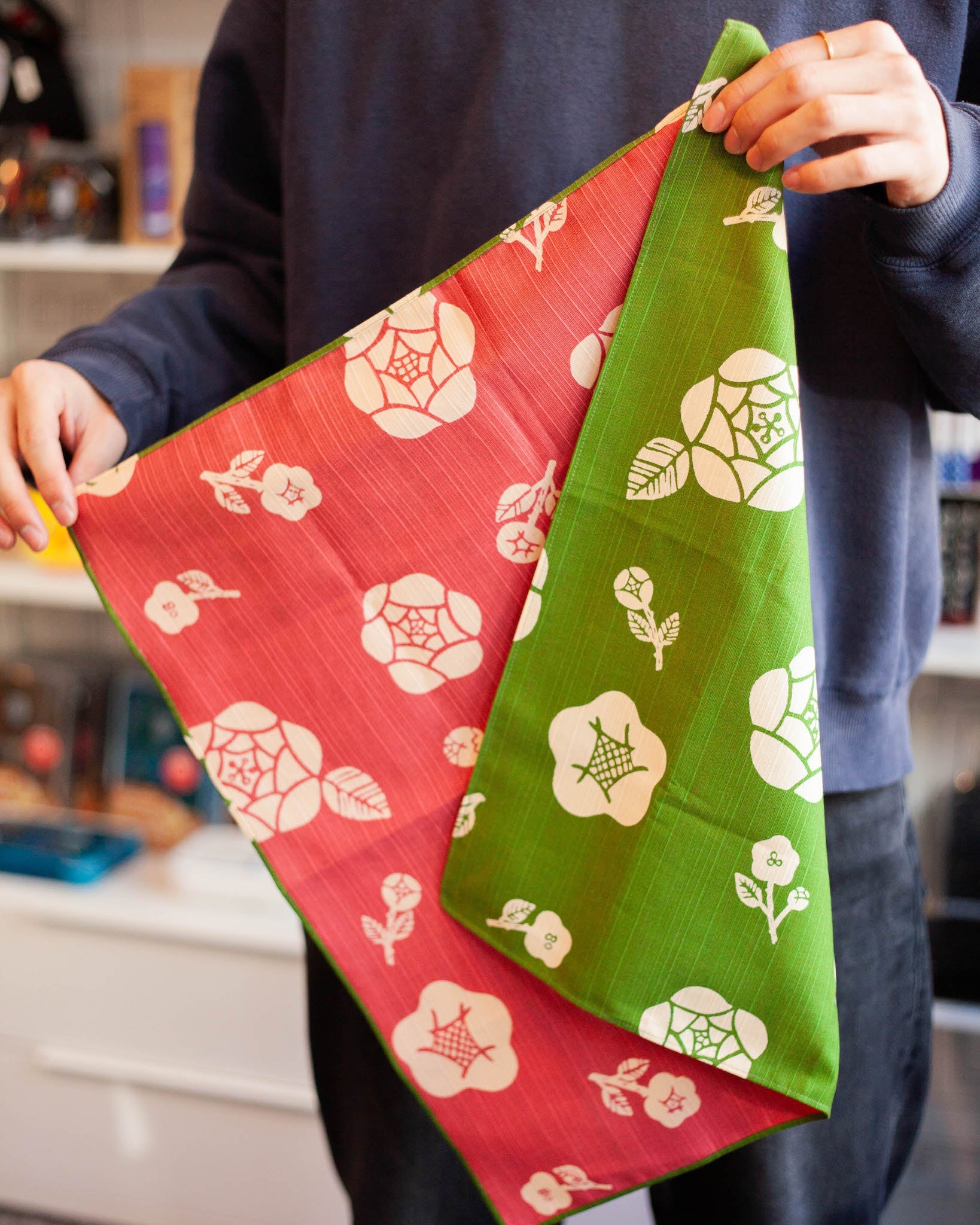 Furoshiki double face Bara (vert et rose, 50 cm)