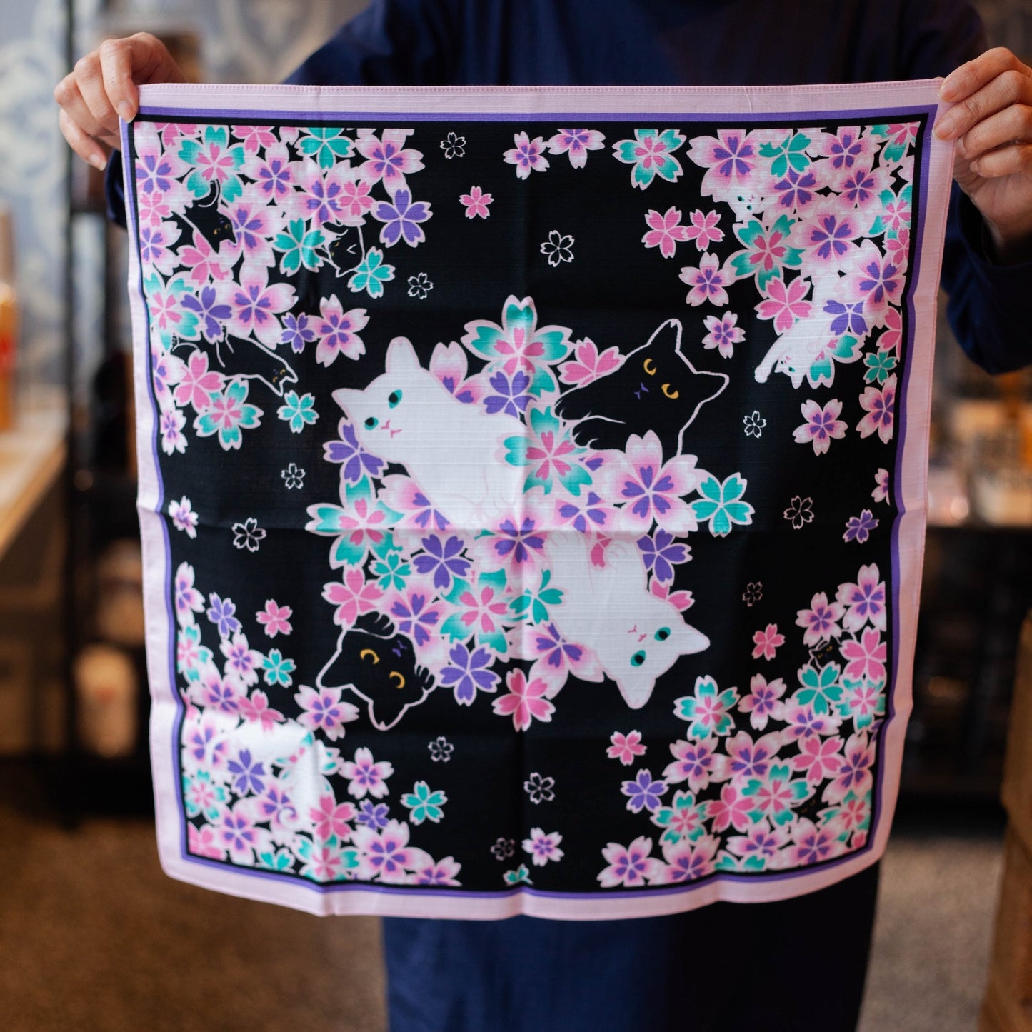 Furoshiki Nocturne de Chats (nero e rosa, 50 cm)