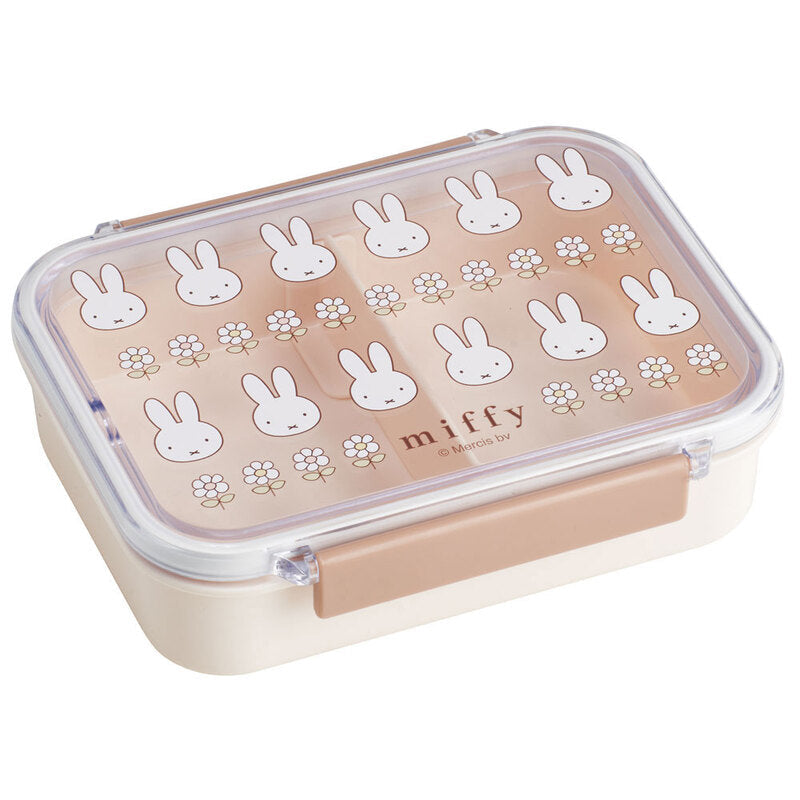 Rectangular food container with bunny pattern and 'miffy' branding on a white background