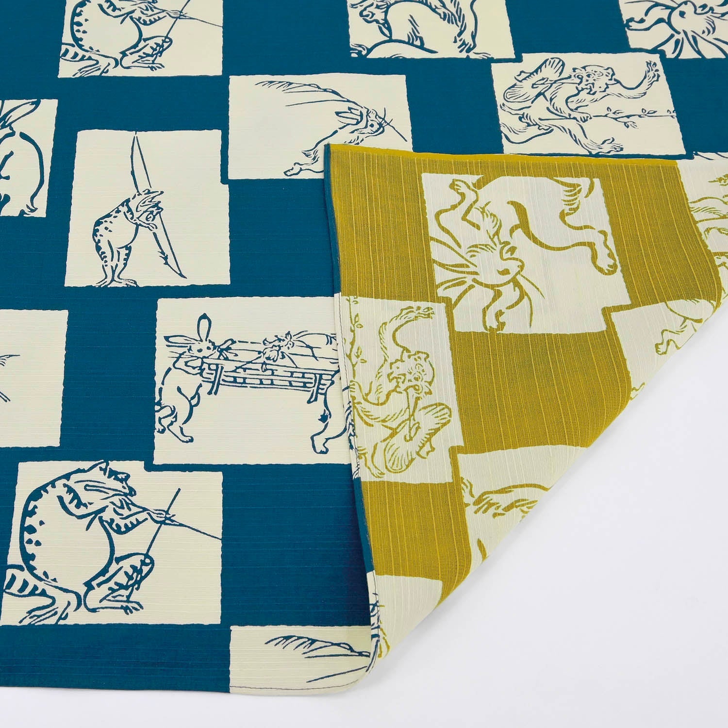 Furoshiki double-face Chôjûgiga (bleu et jaune, 50 cm)