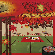 Furoshiki japonais en coton illustrant un chat qui dort sous des érables rouges d'automne avec une ombrelle